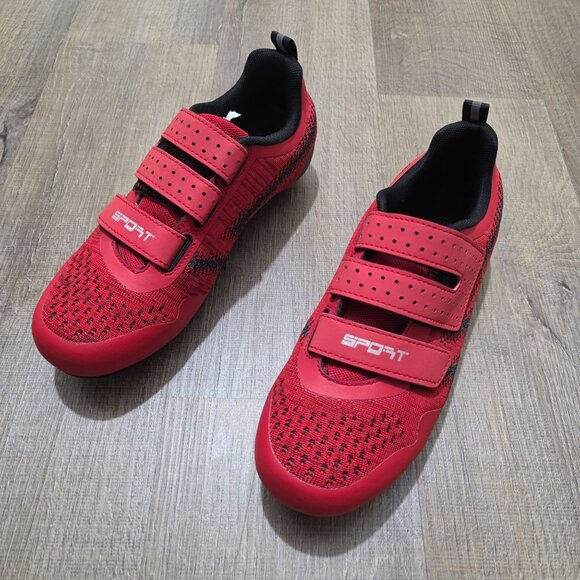 Red Sport Cycling Shoes 3-Strap Road Bike Shoes with Cleats & Hardware Set - Picture 4 of 13
